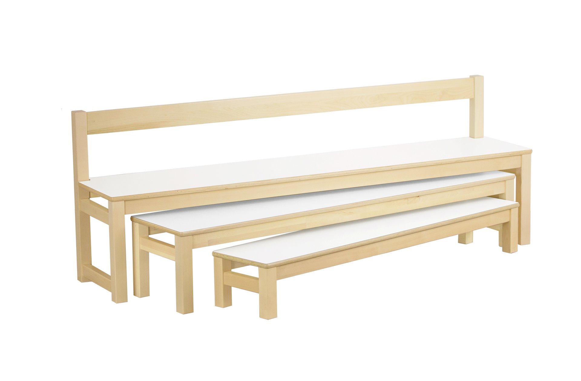 Muksu-laulupenkkisarja selkänojalla valkoinen