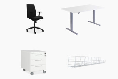 Office Plus -työpistekokonaisuus sisältää Distro-työtuolin, sähköpöydän, Roller-laatikoston ja johtokorin.