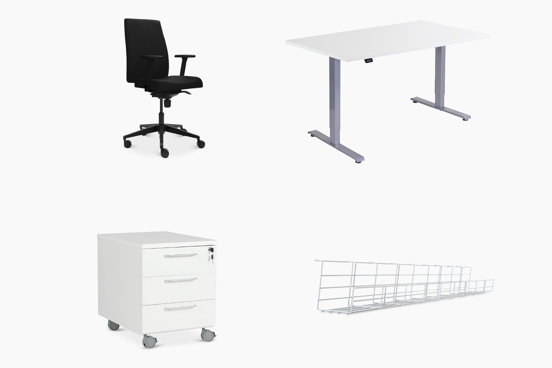 Office Plus -työpistekokonaisuus sisältää Distro-työtuolin, sähköpöydän, Roller-laatikoston ja johtokorin.