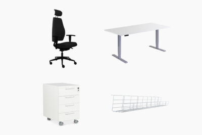 Office Premium -työpistekokonaisuus sisältää Chef Premium -työtuolin, sähköpöydän muistipaikalla, Roller-laatikoston ja johtokorin.