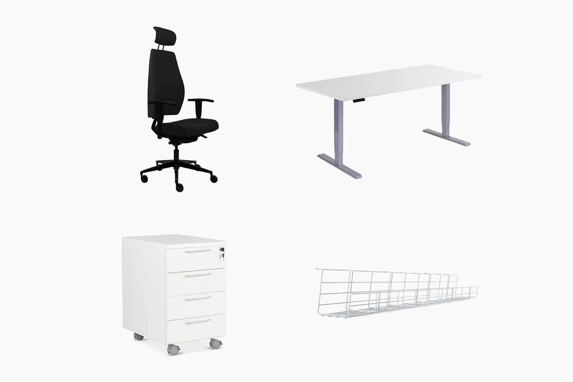 Office Premium -työpistekokonaisuus sisältää Chef Premium -työtuolin, sähköpöydän muistipaikalla, Roller-laatikoston ja johtokorin.