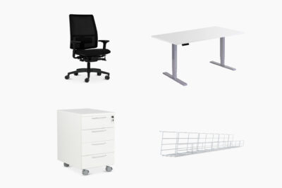 Office Pro -työpistekokonaisuus sisältää Master Plus -työtuolin, muistipaikallisen sähköpöydän, Roller-laatikoston ja johtokorin.