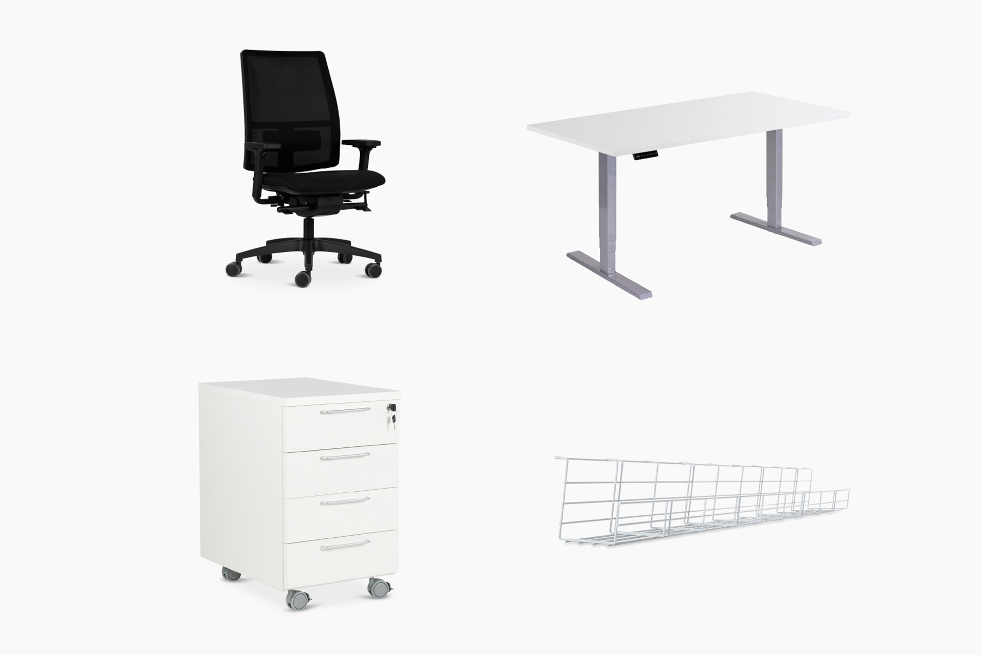 Office Pro -työpistekokonaisuus sisältää Master Plus -työtuolin, muistipaikallisen sähköpöydän, Roller-laatikoston ja johtokorin.